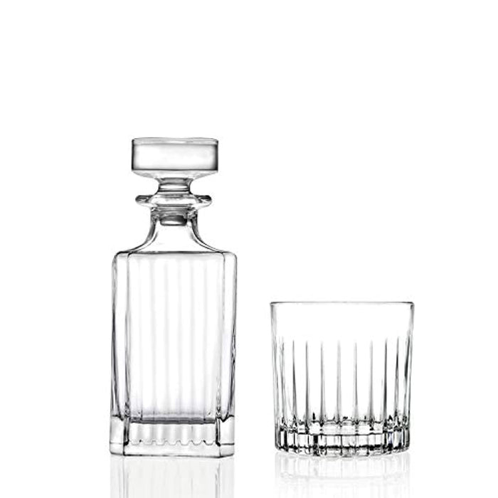 RCR 5Pcs Timeless Italian Crystal Glass Spirits Decanter Set Comprising; 75cl Spirit Decanter & 4X Double Old Fashioned Spirit Tumbler Glasses