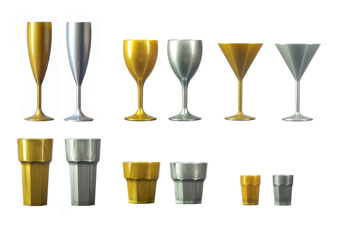 Remedy Polycarbonate Gold and Silver Complete Party Drinkware Set with Champagne Flutes, Wine Glasses, Martini Glasses, Hiball Tumblers, Short Tumblers and Shot Glasses Set of 144 (24 of Each)